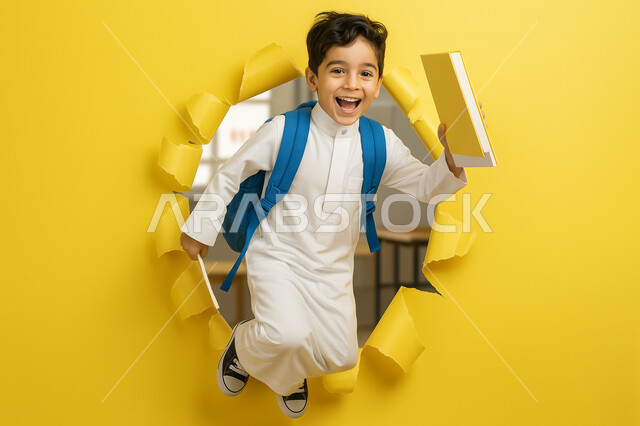 العودة الى الفصل الدراسي ، ايماءات الحماس والسرور، بداية العام الدراسي في المدارس السعودية، جودة التعليم والتعلم في المملكة، طالب عربي خليجي سعودي يحمل حقيبة الظهر المدرسية ويركض في المدرسة بتعابير السعادة