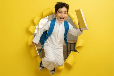 العودة الى الفصل الدراسي ، ايماءات الحماس والسرور، بداية العام الدراسي في المدارس السعودية، جودة التعليم والتعلم في المملكة، طالب عربي خليجي سعودي يحمل حقيبة الظهر المدرسية ويركض في المدرسة بتعابير السعادة