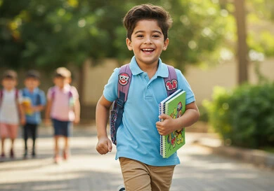 Back to school, gestures of enthusiasm and joy, the beginning of the school year in Saudi schools, the quality of education and learning in the Kingdom, a Saudi Gulf Arab student carrying a school backpack and running around school with happy expressions