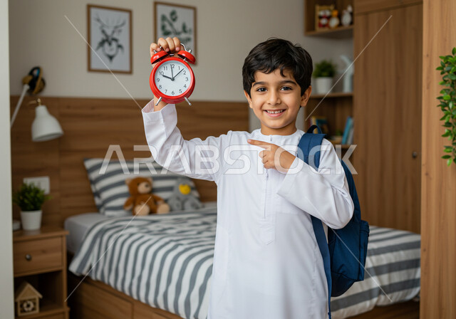 الاستيقاظ باكرا بإيماءات الحماس والسرور للعودة إلى المدارس في المملكة العربية السعودية ، بداية العام الدراسي في المدارس السعودية، جودة التعليم والتعلم في المملكة، طالب عربي خليجي سعودي يحمل حقيبة الظهر المدرسية والمنبه