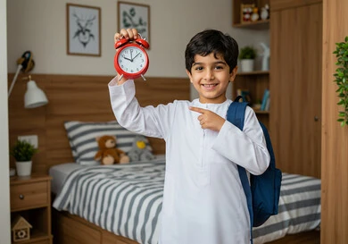 Waking up early with gestures of excitement and joy for returning to school in Saudi Arabia, the beginning of the school year in Saudi schools, the quality of education and learning in the Kingdom, a Saudi Arabian Gulf student carrying his school backpack and alarm clock