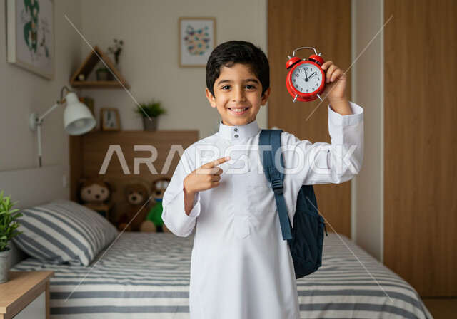 الاستيقاظ باكرا بإيماءات الحماس والسرور للعودة إلى المدارس في المملكة العربية السعودية ، بداية العام الدراسي في المدارس السعودية، جودة التعليم والتعلم في المملكة، طالب عربي خليجي سعودي يحمل حقيبة الظهر المدرسية والمنبه