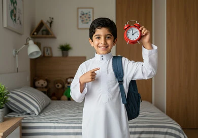 Waking up early with gestures of excitement and joy for returning to school in Saudi Arabia, the beginning of the school year in Saudi schools, the quality of education and learning in the Kingdom, a Saudi Arabian Gulf student carrying his school backpack and alarm clock