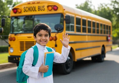 الاستعداد للعام الدراسي الجديد، العودة للمدارس في المملكة العربية السعودية، أهمية التعليم في بناء المستقبل, متابعة الدروس والواجبات، طالب عربي سعودي خليجي يرتدي الثوب المدرسي يحمل الحقيبة والكتب المدرسية ويقف امام الحافلة المدرسية بتعابير السرور