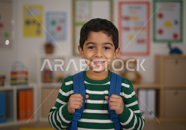الاستعداد للعام الدراسي الجديد، العودة للمدارس في المملكة العربية السعودية، أهمية التعليم في بناء المستقبل, متابعة الدروس والواجبات، طالب عربي سعودي خليجي يرتدي الثوب المدرسي يحمل الحقيبة والكتب المدرسية ينظر إلى الكاميرا بتعابير السرور