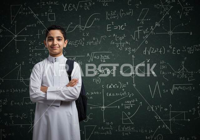 الوقوف بأيدي متقاطعة بإيماءات الاستعداد للعام الدراسي الجديد، العودة للمدارس في المملكة العربية السعودية، أهمية التعليم في بناء المستقبل, متابعة الدروس والواجبات، طالب عربي سعودي خليجي يرتدي الثوب المدرسي يحمل الحقيبة والكتب المدرسية ينظر إلى الكاميرا بتعابير السرور