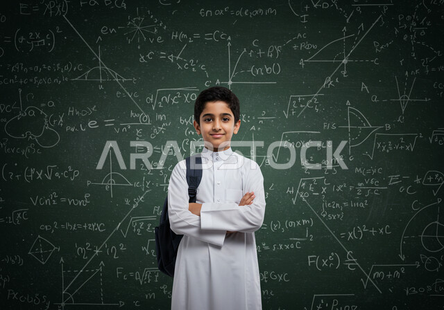 الوقوف بأيدي متقاطعة بإيماءات الاستعداد للعام الدراسي الجديد، العودة للمدارس في المملكة العربية السعودية، أهمية التعليم في بناء المستقبل, متابعة الدروس والواجبات، طالب عربي سعودي خليجي يرتدي الثوب المدرسي يحمل الحقيبة والكتب المدرسية ينظر إلى الكاميرا بتعابير السرور