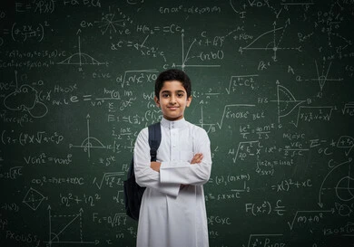 الوقوف بأيدي متقاطعة بإيماءات الاستعداد للعام الدراسي الجديد، العودة للمدارس في المملكة العربية السعودية، أهمية التعليم في بناء المستقبل, متابعة الدروس والواجبات، طالب عربي سعودي خليجي يرتدي الثوب المدرسي يحمل الحقيبة والكتب المدرسية ينظر إلى الكاميرا بتعابير السرور