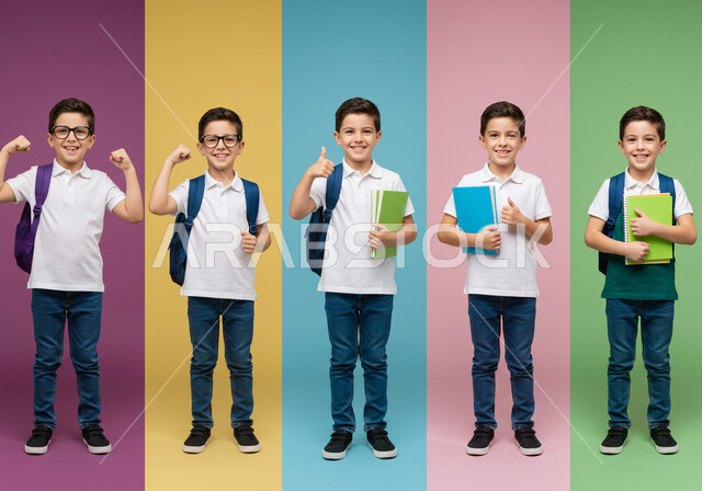 الاستعداد للعام الدراسي الجديد، العودة للمدارس في المملكة العربية السعودية، أهمية التعليم في بناء المستقبل, متابعة الدروس والواجبات، طلاب عرب خليجيون سعوديون يحملون الحقيبة والكتب المدرسية ينظرون إلى الكاميرا بتعابير السرور والحماس