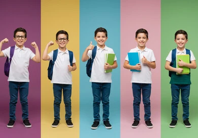 Preparing for the new school year, back to school in Saudi Arabia, the importance of education in building the future, following up on lessons and homework, Saudi Gulf Arab students carrying school bags and books looking at the camera with expressions of joy and enthusiasm