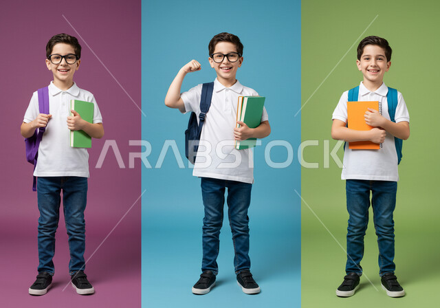 الاستعداد للعام الدراسي الجديد، العودة للمدارس في المملكة العربية السعودية، أهمية التعليم في بناء المستقبل, متابعة الدروس والواجبات، طلاب عرب خليجيون سعوديون يحملون الحقيبة والكتب المدرسية ينظرون إلى الكاميرا بتعابير السرور والحماس