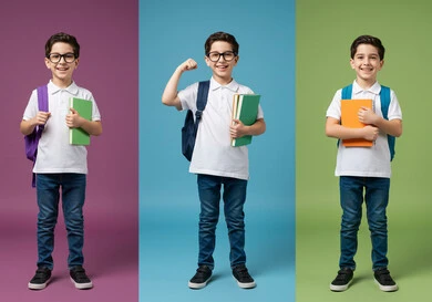 Preparing for the new school year, back to school in Saudi Arabia, the importance of education in building the future, following up on lessons and homework, Saudi Gulf Arab students carrying school bags and books looking at the camera with expressions of joy and enthusiasm