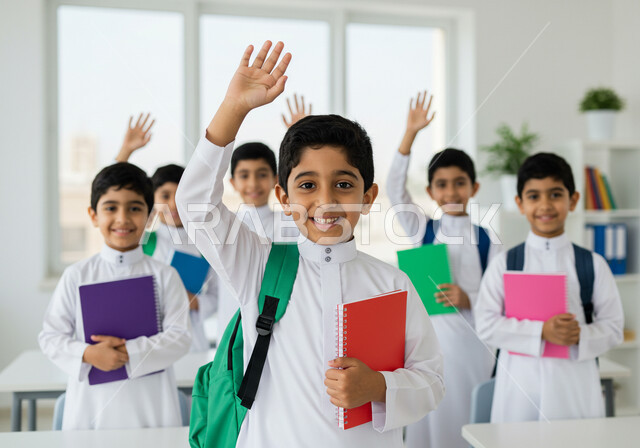 الاستعداد للعام الدراسي الجديد، العودة للمدارس في المملكة العربية السعودية، أهمية التعليم في بناء المستقبل, متابعة الدروس والواجبات، طلاب عرب خليجيون سعوديون يحملون الحقيبة والكتب المدرسية ينظرون إلى الكاميرا بتعابير السرور والحماس