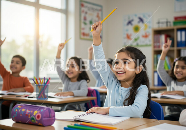 المشاركة الفعالة للطلاب في الحصص والإجابة على الأسئلة، العودة للمدارس في المملكة العربية السعودية، أهمية التعليم في بناء المستقبل, متابعة الدروس والواجبات، طلاب عرب خليجيون سعوديون يجلسون في الفصل الدراسي بتعابير السعادة