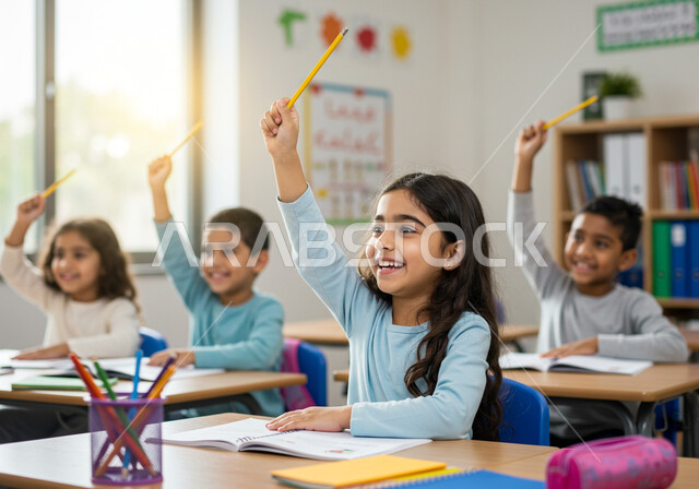 المشاركة الفعالة للطلاب في الحصص والإجابة على الأسئلة، العودة للمدارس في المملكة العربية السعودية، أهمية التعليم في بناء المستقبل, متابعة الدروس والواجبات، طلاب عرب خليجيون سعوديون يجلسون في الفصل الدراسي بتعابير السعادة