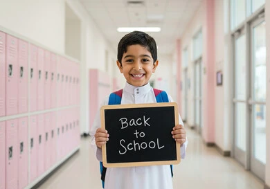 طالب عربي خليجي سعودي يرتدي الزي المدرسي ويحمل حقيبة الظهر وسبورة سوداء صغيرة مكتوب عليها نص العودة إلى المدارس باللغة الانجليزية، جودة التعليم في السعودية، استقبال العام الدراسي الجديد بتعابير السعادة والسرور