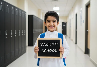 طالب عربي خليجي سعودي يرتدي الزي المدرسي ويحمل حقيبة الظهر وسبورة سوداء صغيرة مكتوب عليها نص العودة إلى المدارس باللغة الانجليزية، جودة التعليم في السعودية، استقبال العام الدراسي الجديد بتعابير السعادة والسرور