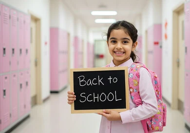 طالبة عربية خليجية سعودية ترتدي الزي المدرسي وتحمل حقيبة الظهر وسبورة سوداء صغيرة مكتوب عليها نص العودة إلى المدارس باللغة الانجليزية، جودة التعليم في السعودية، استقبال العام الدراسي الجديد، النظر إلى الكاميرا بتعابير السعادة والسرور