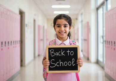 طالبة عربية خليجية سعودية ترتدي الزي المدرسي وتحمل حقيبة الظهر وسبورة سوداء صغيرة مكتوب عليها نص العودة إلى المدارس باللغة الانجليزية، جودة التعليم في السعودية، استقبال العام الدراسي الجديد، النظر إلى الكاميرا بتعابير السعادة والسرور