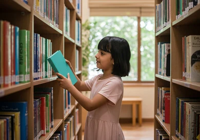  حب الثقافة والاستطلاع، طالبة عربية خليجية سعودية تقوم باختيار كتاب من مكتبة المدرسة، التعليم والدراسة في المملكة العربية السعودية، قضاء وقت الفراغ بالتعلم والتثقف الذاتي, تنمية مهارة القراءة والمطالعة للطلاب