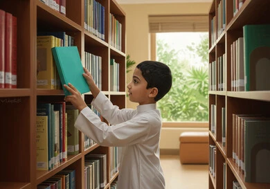 Love of culture and exploration, a Saudi Arabian Gulf student choosing a book from the school library, education and study in the Kingdom of Saudi Arabia, spending free time learning and self-education, developing students' reading and studying skills