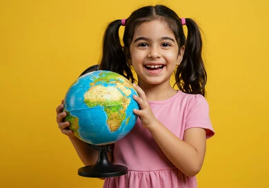 The concept of searching and exploring around the world, a Saudi Arabian Gulf girl holding a globe, looking at the camera with expressions of happiness and pleasure, a spherical world map