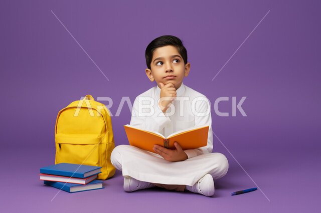 الاستعداد للعام الدراسي الجديد، تعابير السعادة بالعودة للمدارس في المملكة العربية السعودية، بورتريه لطالب عربي خليجي سعودي يرتدي الثوب التقليدي يجلس على الأرض ويقوم بحل واجباته المدرسية، النظر إلى شيء ما بإيماءات التفكير