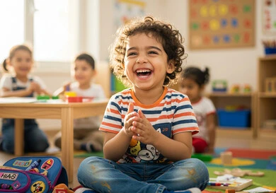 العودة للمدارس في المملكة العربية السعودية، طفل عربي خليجي سعودي يجلس على الأرض في الحضانة بتعابير السعادة والسرور، أنشطة تعليمية وترفيهية في الروضات السعودية