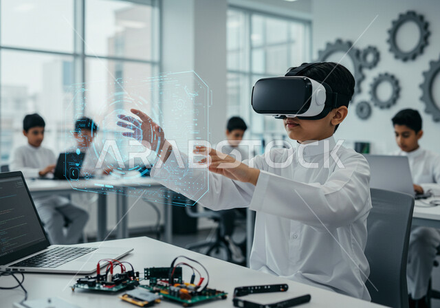 The concept of simulating a virtual world, integrating virtual reality with learning and training, and using modern technologies in school education. A Saudi Arabian boy wearing traditional clothing puts on 3D VR glasses.