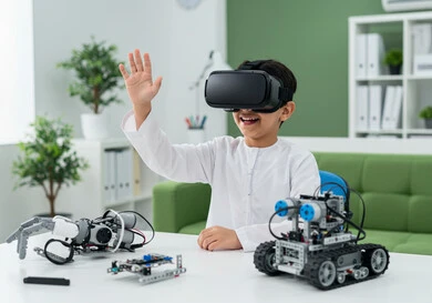 مفهوم محاكاة العالم الخيالي، دمج الواقع الافتراضي بالتعلم والتدريب، استخدام التقنيات الحديثة في التعليم المدرسي, ولد عربي خليجي سعودي يرتدي الثوب التقليدي يضع نظارة الفي ار ثلاثية الأبعاد