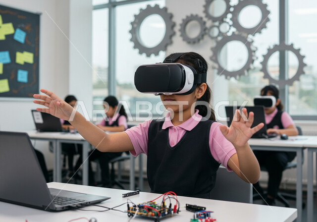 تعليم الطلاب محاكاة العالم الخيالي، دمج الواقع الافتراضي بالتعلم والتدريب في مدارس المملكة العربية السعودية، استخدام التقنيات الحديثة في التعليم المدرسي, طالبة عربية خليجية سعودية تضع نظارة الفي ار ثلاثية الأبعاد في الفصل المدرسي