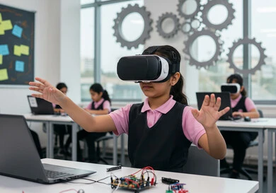 تعليم الطلاب محاكاة العالم الخيالي، دمج الواقع الافتراضي بالتعلم والتدريب في مدارس المملكة العربية السعودية، استخدام التقنيات الحديثة في التعليم المدرسي, طالبة عربية خليجية سعودية تضع نظارة الفي ار ثلاثية الأبعاد في الفصل المدرسي