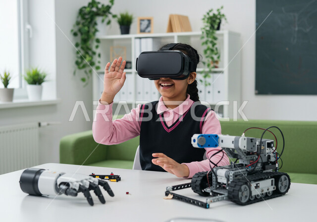 Teaching students to simulate the virtual world, integrating virtual reality into learning and training in Saudi Arabian schools, using modern technologies in school education, a Saudi Arabian Gulf student wearing 3D VR glasses in the classroom