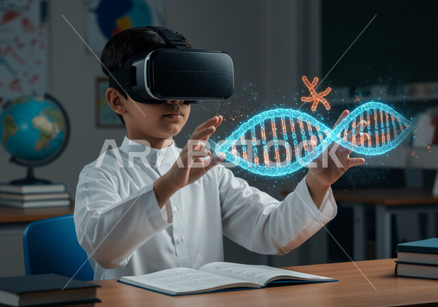 محاكاة العالم الخيالي، دمج الواقع الافتراضي بالتعلم في مدارس المملكة العربية السعودية، استخدام التقنيات الحديثة في التعليم المدرسي, طالب عربي خليجي سعودي يرتدي الثوب التقليدي يضع نظارة الفي ار ثلاثية الأبعاد في الفصل المدرسي، التفاعل مع العناصر الهولوجرامية