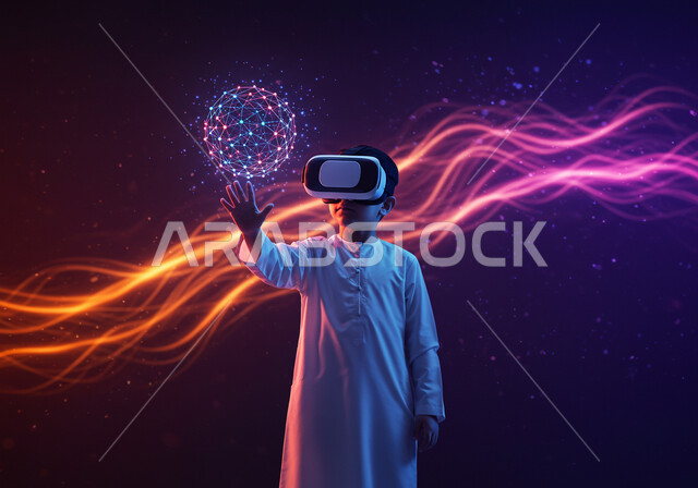 محاكاة العالم الخيالي، استخدام التقنيات الحديثة, فتى عربي خليجي سعودي يرتدي الثوب التقليدي يضع نظارة الفي ار ثلاثية الأبعاد، التفاعل مع العناصر الهولوجرامية، مجسم كروي بخاصية الهولوجرام