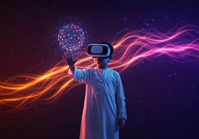 محاكاة العالم الخيالي، استخدام التقنيات الحديثة, فتى عربي خليجي سعودي يرتدي الثوب التقليدي يضع نظارة الفي ار ثلاثية الأبعاد، التفاعل مع العناصر الهولوجرامية، مجسم كروي بخاصية الهولوجرام
