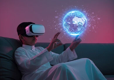 محاكاة العالم الخيالي، استخدام التقنيات الحديثة, فتى عربي خليجي سعودي يرتدي الثوب التقليدي يضع نظارة الفي ار ثلاثية الأبعاد، التفاعل مع العناصر الهولوجرامية، مجسم كروي بخاصية الهولوجرام