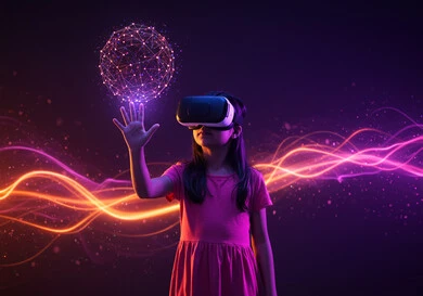 محاكاة العالم الخيالي، استخدام التقنيات الحديثة, فتاة عربية خليجية سعودية يضع نظارة الفي ار ثلاثية الأبعاد، التفاعل مع العناصر الهولوجرامية، مجسم كروي بخاصية الهولوجرام