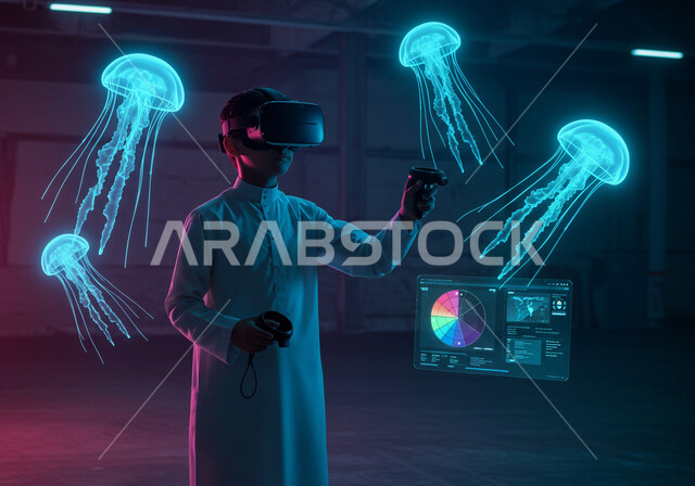  دمج التقنيات التكنولوجية في مجال التعليم، ولد عربي خليجي سعودي يرتدي نظارات الواقع الإفتراضي (في آر) ثلاثية الأبعاد، محاكاة التعليم ودمجه بأفلام الواقع الافتراضي، التفاعل مع العناصر الهولوجرامية المضيئة