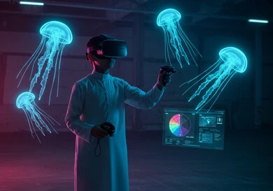  دمج التقنيات التكنولوجية في مجال التعليم، ولد عربي خليجي سعودي يرتدي نظارات الواقع الإفتراضي (في آر) ثلاثية الأبعاد، محاكاة التعليم ودمجه بأفلام الواقع الافتراضي، التفاعل مع العناصر الهولوجرامية المضيئة