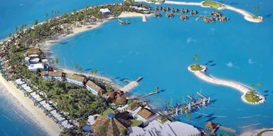 The sea destination of islands and beaches, the coastal area of Qatar, an aerial view of Banana Island off the coast of the capital Doha, artificial islands in the Arabian Gulf, architectural art of tourist attractions