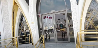 The sea destination of islands and beaches, the coastal area of Qatar, the entrance to the Banana Island resort on the coast of the capital Doha, artificial islands in the Arabian Gulf, the architectural art of tourist attractions