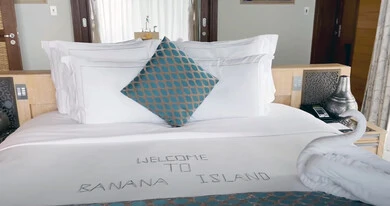 Customer care and attention, the coastal area of Qatar, a bed in one of the rooms of the Banana Island Resort, the crescent-shaped islands on the coast of the capital, Doha, the artificial islands in the Arabian Gulf, the famous tourist destination