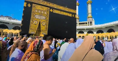 A sacred religious place and landmark in the Kingdom of Saudi Arabia, pilgrims and Umrah performers circumambulate the Kaaba in the Grand Mosque in Mecca, a destination for Muslims from different countries, the Grand Mosque of Mecca A sacred religious place and landmark in the Kingdom of Saudi Arabia, pilgrims and Umrah performers circumambulate the Kaaba in the Grand Mosque in Mecca, a destination for Muslims from different countries, the Grand Mosque of Mecca