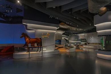 فن التصاميم الداخلية لمركز إثراء الثقافي، خيل عربي أصيل داخل متحف مركز الملك عبد العزيز الثقافي العالمي في مدينة الظهران، معارض ومكتبات تعليمية في المملكة العربية السعودية, منارة ثقافية و معالم سياحية مشهورة.