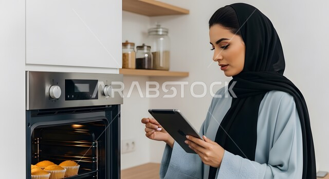 امرأه عربيه سعوديه خليجيه تقوم بخبز الكب كيك في المطبخ, مهارة صنع الحلوى, استخدام جهاز التابلت المحمول لمعرفة مقادير صنع الكعك، الإستمتاع في صنع الطعام، حلويات وسكريات شهية