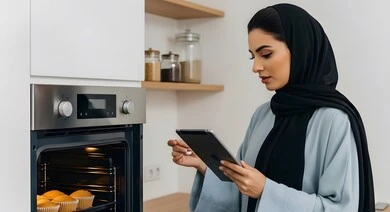 A Saudi Arabian Gulf woman baking cupcakes in the kitchen, dessert making skill, using a tablet to know the ingredients for making cakes, enjoying making food, delicious sweets and desserts