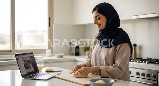 امرأه عربيه سعوديه خليجيه تقوم بخبز الكوكيز في المطبخ, مهارة صنع الحلوى، الإستمتاع في صنع الطعام، حلويات وسكريات شهية، تتبع وصفة الكعك على الحاسوب المحمول