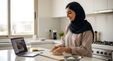 امرأه عربيه سعوديه خليجيه تقوم بخبز الكوكيز في المطبخ, مهارة صنع الحلوى، الإستمتاع في صنع الطعام، حلويات وسكريات شهية، تتبع وصفة الكعك على الحاسوب المحمول