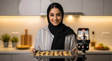 امرأه عربيه سعوديه خليجيه تقوم بعرض صينية الكوكيز عبر بث مباشر على الهاتف المحمول, مهارة صنع الحلوى، الإستمتاع في صنع الطعام، حلويات وسكريات شهية، تصوير وصفات الاطعمة